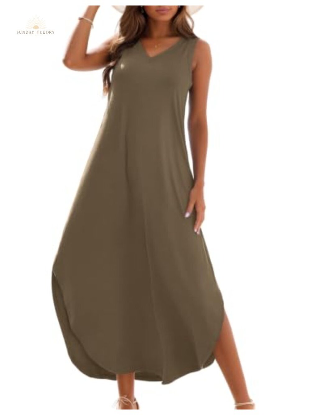 Women Loose V Neck Sleeveless Maxi Sundress Side Split Summer Dress